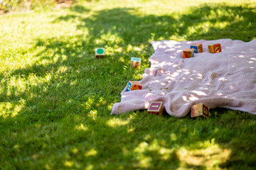 pink picnic blanket with wooden toy blocks on grass at sunny summer day, outdoor toddler place to have fun - obrazy, fototapety, plakaty