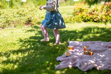 baby girl in denim dress have fun outdoor, sunny day, toddler walks barefoot on the grass, picnic blanket with wooden toy blocks
