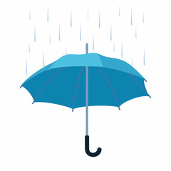 Colorful umbrella. Blue accessory with handle protection from rain, isolated on white background. Seasonal safety stylish rainy weather symbol. Vector illustration.