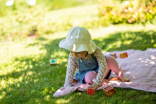 baby girl in denim dress and white hat have fun outdoor, sunny day and grass, toddler play wooden toy blocks barefoot on picnic blanket