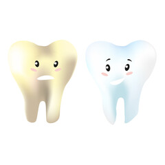Teeth sad and happy, white and yellow. Vector illustration, dentistry marketing design. 