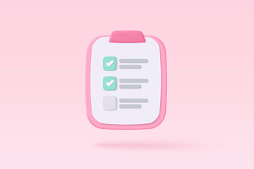 White clipboard task management todo check list, efficient work on project plan, fast progress, level up concept, assignment and exam, productivity solution icon. 3d vector render on pink background