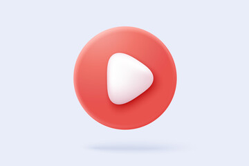 Fototapeta 3d social media play video in background. Red round play button for start multimedia with colorful concept of video, audio playback. 3d media player button icon rendering vector illustration obraz
