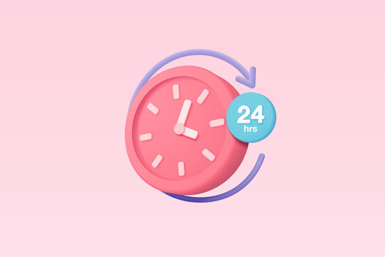 3d alarm clock 24 hours icon for speed delivery concept. Pink watch minimal design concept of time, service and support around clock, 24 hours a day. 3d clock icon vector rendering illustration