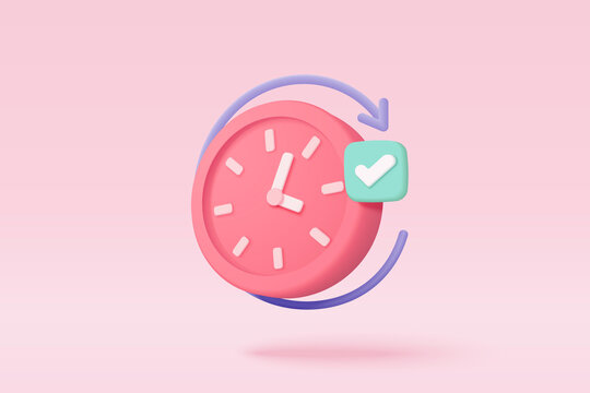 3d alarm clock icon for succress delivery concept. Pink watch minimal design concept of time, service and support around clock. 3d clock icon vector rendering illustration