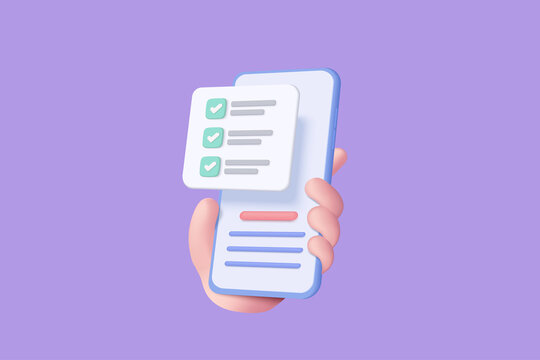 3d task management todo check list with mobile phone holding hand, efficient work on project plan, fast progress, level up concept, assignment and exam. 3d check list icon vector render illustration