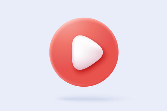 3d social media play video in background. Red round play button for start multimedia with colorful concept of video, audio playback. 3d media player button icon rendering vector illustration