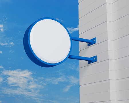 Hanging Blue Rounded Signboard Mockup Over Blue Sky, Light Box Signage, 3D Rendering