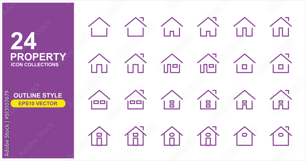 Poster set of house icons. basic elements. editable vector. flat icon in the form of purple lines on a whit