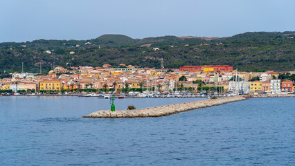 Carloforte. Sardegna. Wonderful cityscape of the town from the boat that is approaching the island....