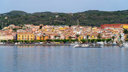 Carloforte. Sardegna. Wonderful cityscape of the town from the boat that is approaching the island....