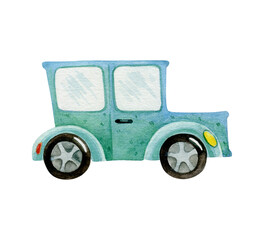 Blue retro car. Watercolor illustration isolated on white background.