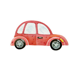 Red retro car. Watercolor illustration isolated on white background.