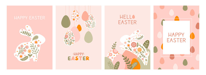 Set postcard template with a silhouette Easter eggs, rabbit and flowers in flat style. Illustration holiday easter hare and eggs in pastel colors and space for your text. Vector - 513108499