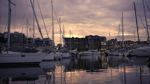 Aker Brygge In night City Center in Oslo, Norway in the evening
