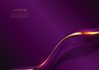 Abstract 3d gold curved ribbon on purple background with lighting effect and copy space for text. Luxury template design style.