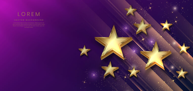 Abstract luxury golden stars on dark blue and purple background with lighting effect and spakle. Template premium award design.