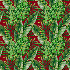Fototapeta na wymiar Seamless pattern of tropical leaves drawn with colored pencils on a burgundy background. For fabric, sketchbook, wallpaper, wrapping paper.