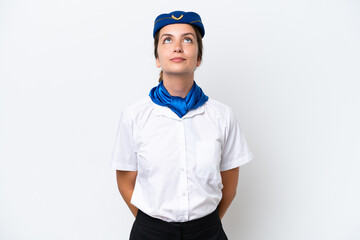 Airplane stewardess caucasian woman isolated on white background and looking up