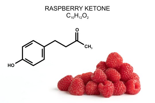 Raspberrys and structural formula of raspberry ketone. Focus in the middle of the raspberrys.
