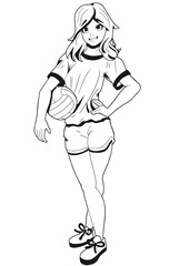 A cute girl sportswoman drawn in the style of Japanese manga comics stands and holds a volleyball, she smiles, she has long naughty hair, a t-shirt, shorts