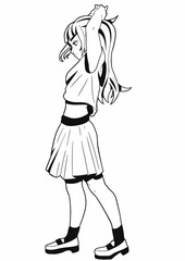 A cute schoolgirl girl drawn in the style of Japanese manga comics stands and collects her hair in a ponytail, she is dressed in a sailor suit, a short skirt and shoes
