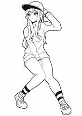 A cute stylish girl drawn in the style of Japanese manga comics sits with one leg bent, she has a baseball cap on her head, she has long blond hair, hoodie, sandals