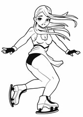 A cute girl figure skater drawn in the style of Japanese manga comics, she is in an elegant costume for concerts, on skates, balancing on one leg