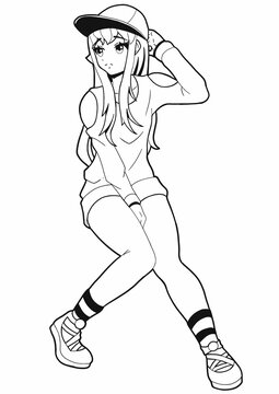 A cute stylish girl drawn in the style of Japanese manga comics sits with one leg bent, she has a baseball cap on her head, she has long blond hair, hoodie, sandals