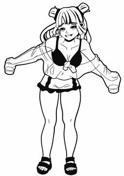 A cute stylish girl drawn in the style of Japanese comics manga, leans towards the viewer, she is wearing a black bra, short shorts, sandals, and a transparent shirt