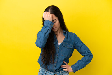 Young caucasian woman isolated on yellow background with headache