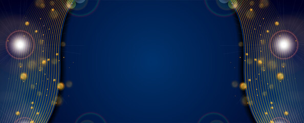 Blue wavy corporate background with golden lines and bokeh light. Vector design