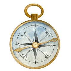 Watercolor gold and blue vintage pocket compass. Nautical elemen