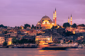 Suleymaniye Mosque with night illumination in Istanbul, Turkey