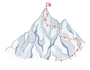 Mountain climbing route to top rock with red flag on peak. Business journey path in progress, way to success or concept of goal. Vector polygon dot connect line style