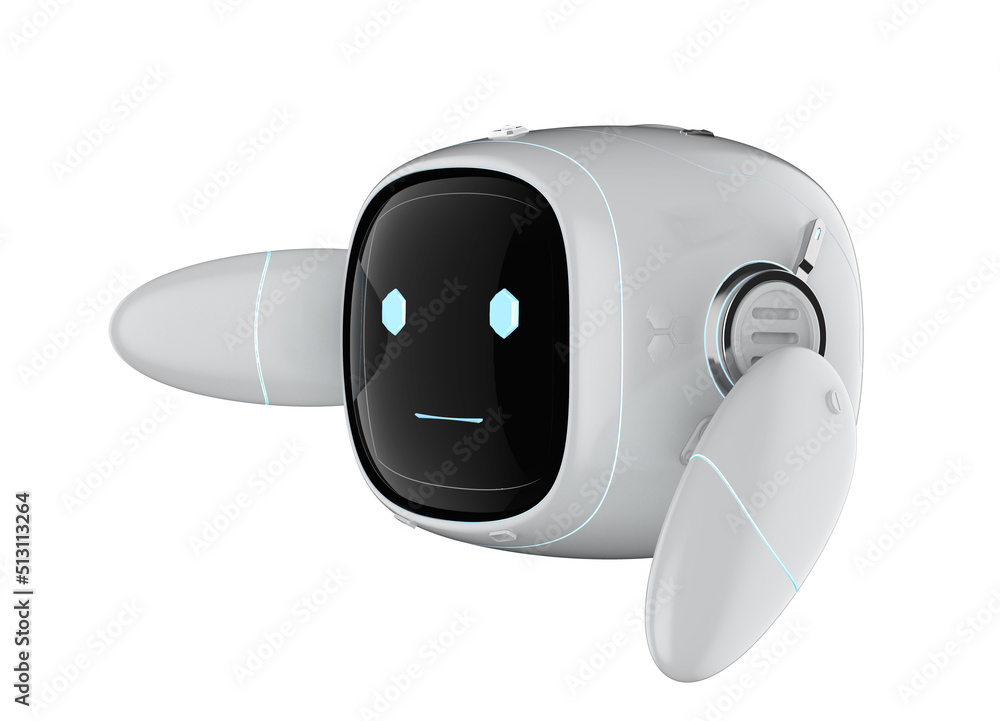 Poster assistant artificial intelligence robot hand up isolated on white