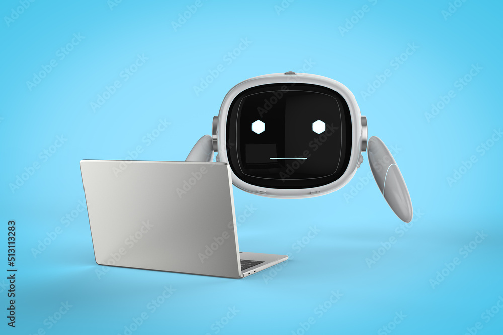 Poster cute assistant artificial intelligence robot no leg with computer notebook