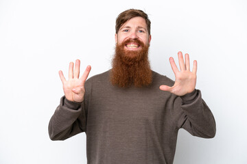 Redhead man with beard isolated on white background counting nine with fingers