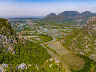 Fototapeta na wymiar Aerial view of Khao Daeng View Point, the red mountain, in Sam Roi Yot National Park, in Prachuap Khiri Khan, Thailand