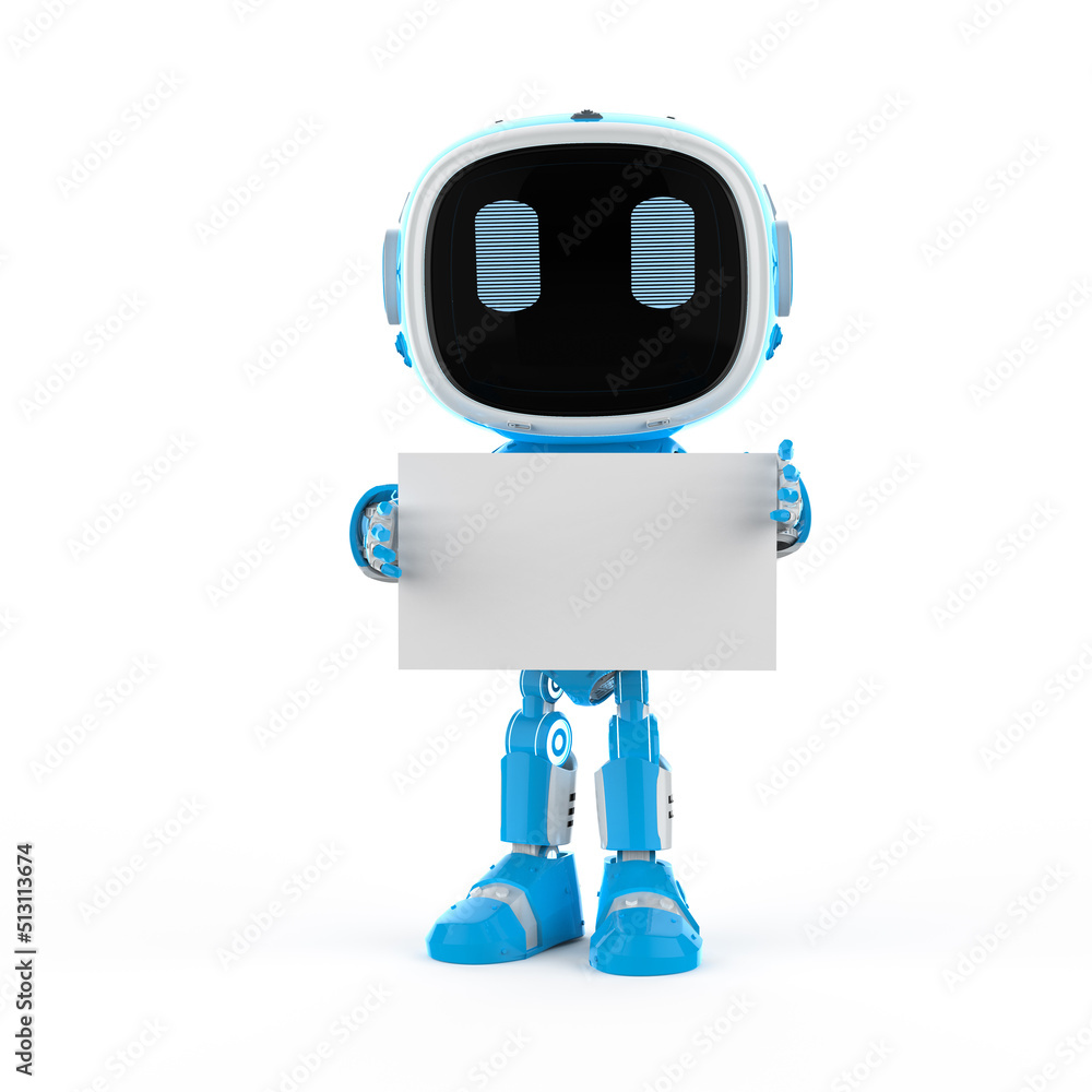 Poster cute and small artificial intelligence assistant robot with empty note