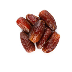 Dry dates isolated on white background. Top view. Flat lay pattern.