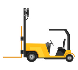 Forklift warehouse or storage equipment. Yellow machine without driver isolated on white background. Delivery, shipment or logistic cargo. Electric uploader. Supply storage service
