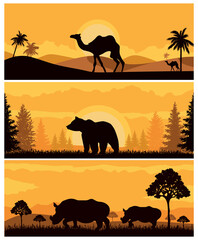 Horizontal abstract Sunset banners of wild Camels, bears, and rhinos in African savanna with trees.