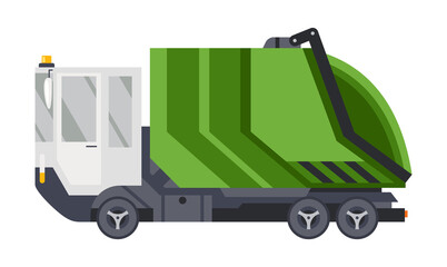 Garbage truck with auto loader. Collection and transportation of solid household and commercial waste. Garbage removal, urban sanitary vehicle. Garbage Ecology and recycle concept