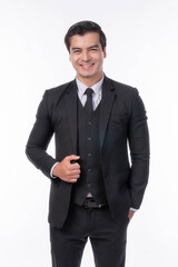 Portrait working Asian business handsome man ware suit standing on white background with copy space - business concept
