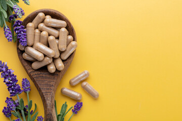 Flowers composition, frame made of lavender flowers on pastel background.