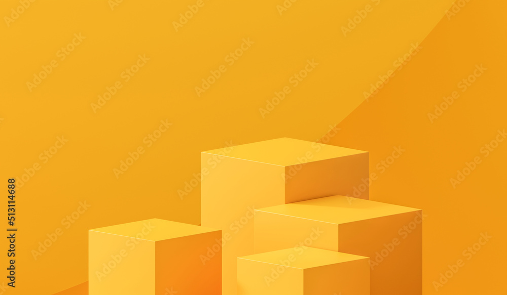 Fototapete Yellow podium 3d cube stand abstract stage platform or product studio geometric shape on minimal background and blank pedestal display scene space with empty presentation summer sale step backdrop.