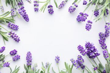 Flowers composition, frame made of lavender flowers on pastel background. - 513114664