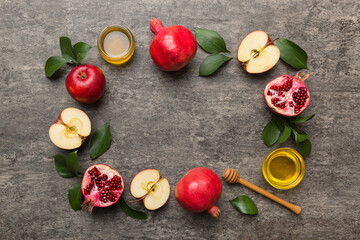Rosh hashanah concept. Frame made of symbols jewish New Year holiday Traditional. Top view with copy space