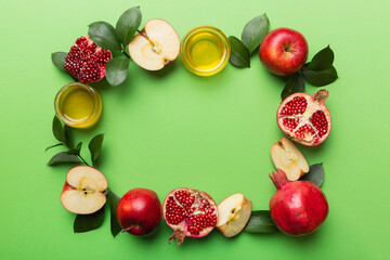 Rosh hashanah concept. Frame made of symbols jewish New Year holiday Traditional. Top view with copy space